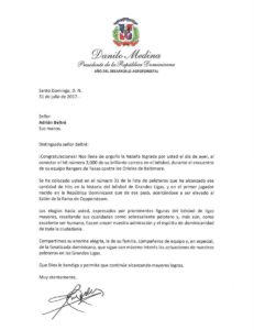 Carta del presidente Danilo Medina a Adrián Beltré por conectar 3,000 hits