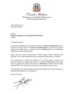 Carta del presidente Danilo Medina a selección Sub-17 que ganó oro en Centrobasket
