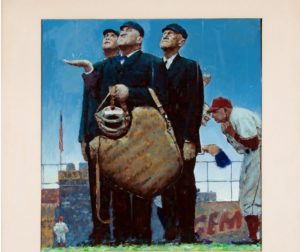 En esta imagen sin fecha proporcionada por Heritage Auctions, una pintura preliminar de Norman Rockwell de una de sus obras más conocidas sobre béisbol.