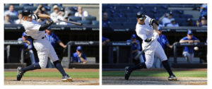 Aaron Judge de los Yanquis de Nueva York conecta un jonrón en e séptimo inning ante los Reales de Kansas City, el lunes 25 de septiembre de 2017. (AP Foto/Seth Wenig)