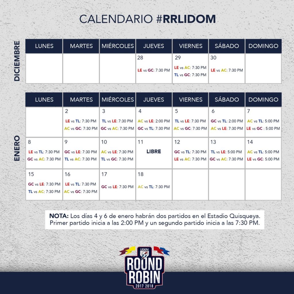 Nuevo calendario del Round Robin 2017-2018, tras el incendio en séptimo cielo del Estadio Quisqueya.