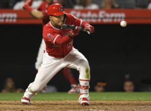 Michael Hermosillo #59 of the Los Angeles Angels of Anaheim does not make it to base on this bunt in the eight inning against the Toronto Blue Jays at Angel Stadium on June 22, 2018 in Anaheim, California. (June 21, 2018 – Source: John McCoy/Getty Images North America)