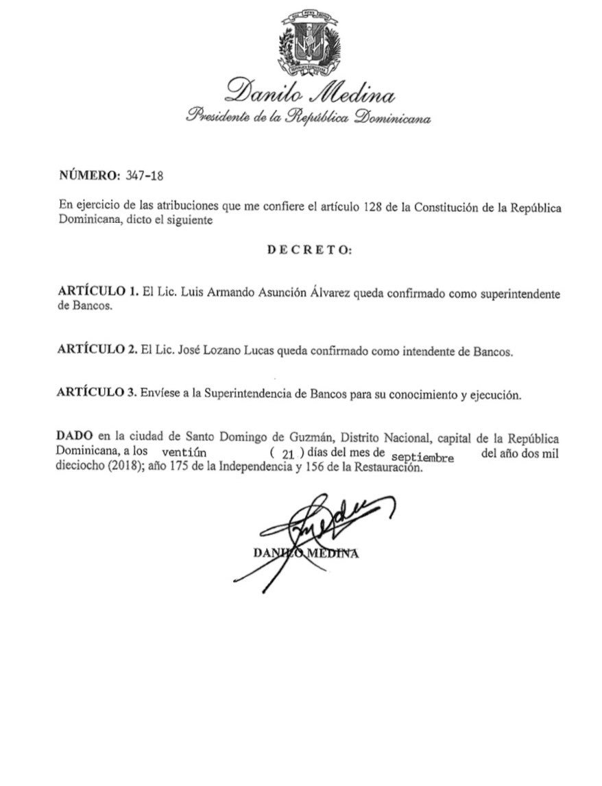 Decreto confirma a Luis Armando Asunción en Superintentencia de Bancos