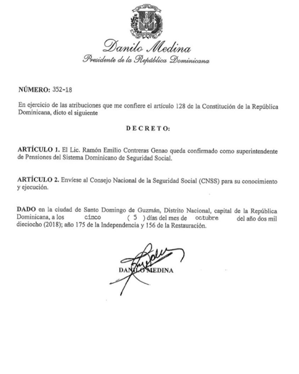 Decreto confirma a Ramón Emilio Contreras Genao, superintendente de Pensiones del Sistema Dominicano de Seguridad Social.