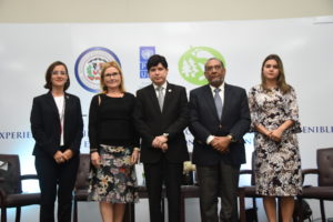 Desde la izquierda Luciana Mermet, Annika Lindblom, Hugo Rivera, Roberto Liz, y Denisse Cabral, tras el foro.