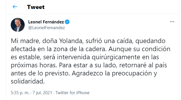 Intervendrán quirúrgicamente a madre de Leonel Fernández