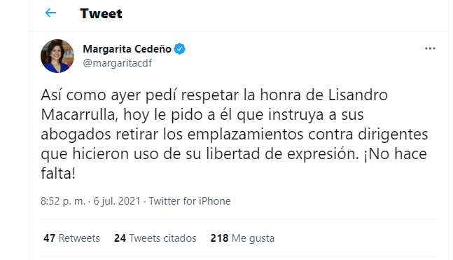 Margarita Cedeño pide a Macarrulla retirar emplazamientos contra dirigentes del PLD