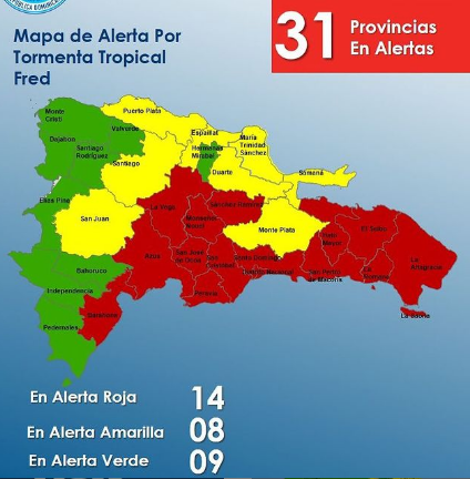 Suben a 14 las provincias en alerta roja por paso de tormenta Fred